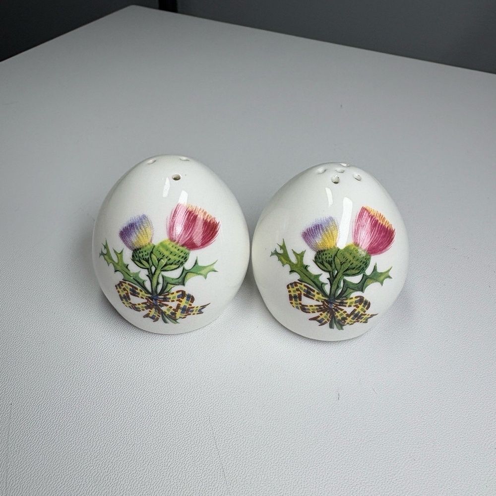 Royal Sandford Bone China Thistle Salt Pepper Shakers White Double Sided